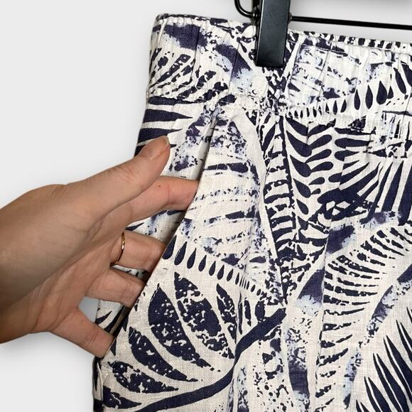 TAHARI navy/white leaf print 100% linen wide leg crop pull on pants size large - Picture 4 of 6